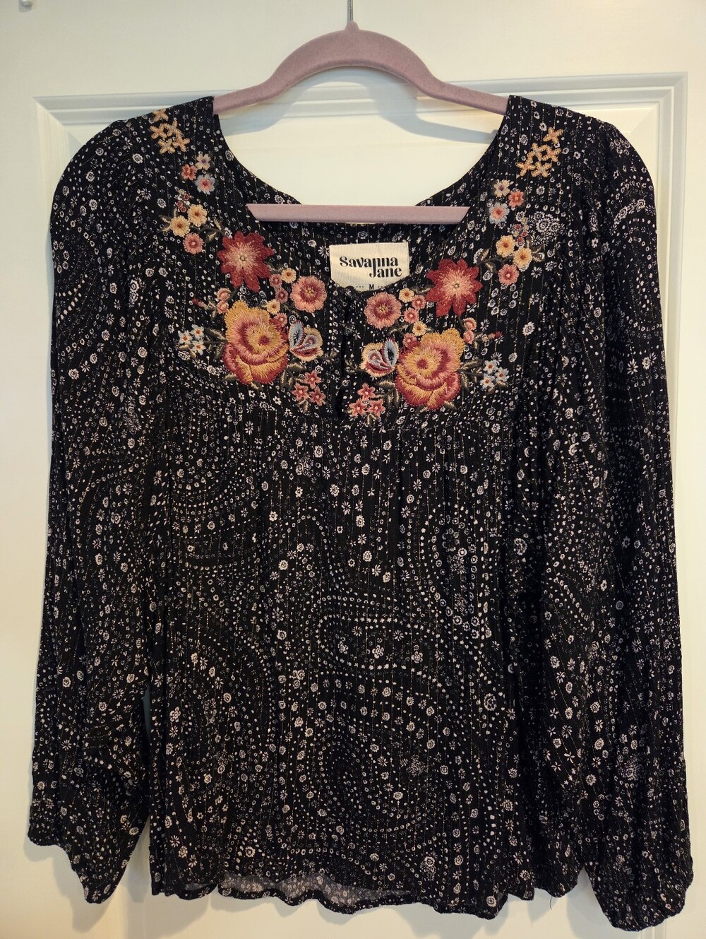 Savanna Jane Black Floral Embroidered Peasant Blouse